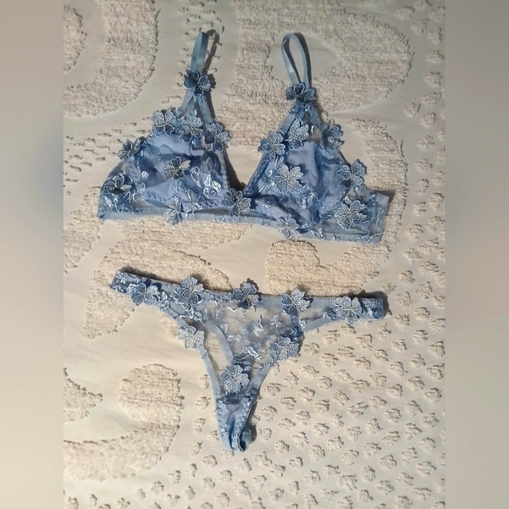 Baby blue floral bra and panties.